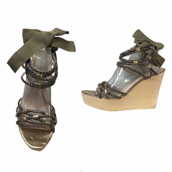 Elie Tahari Green Sandal Strappy Wedge Heel Sandal Snake Skin Size 40 1/2 - Picture 2 of 9